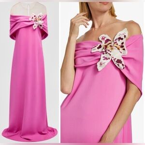 Oscar de la Renta Watercolor Orchid Off-The-Shoulder Illusion Caftan Gown Dress